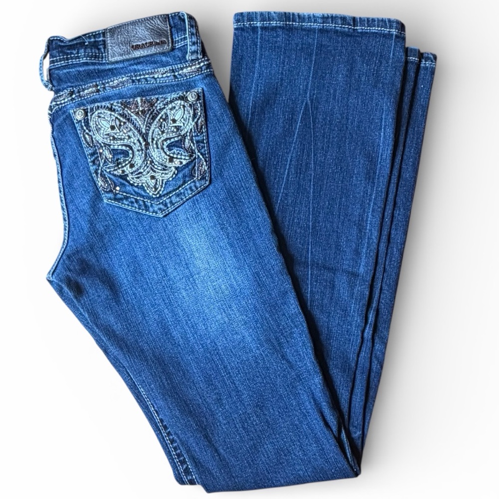 Grace in LA Women's Blue Boot Cut Jeans with Embroidered Pocket 27